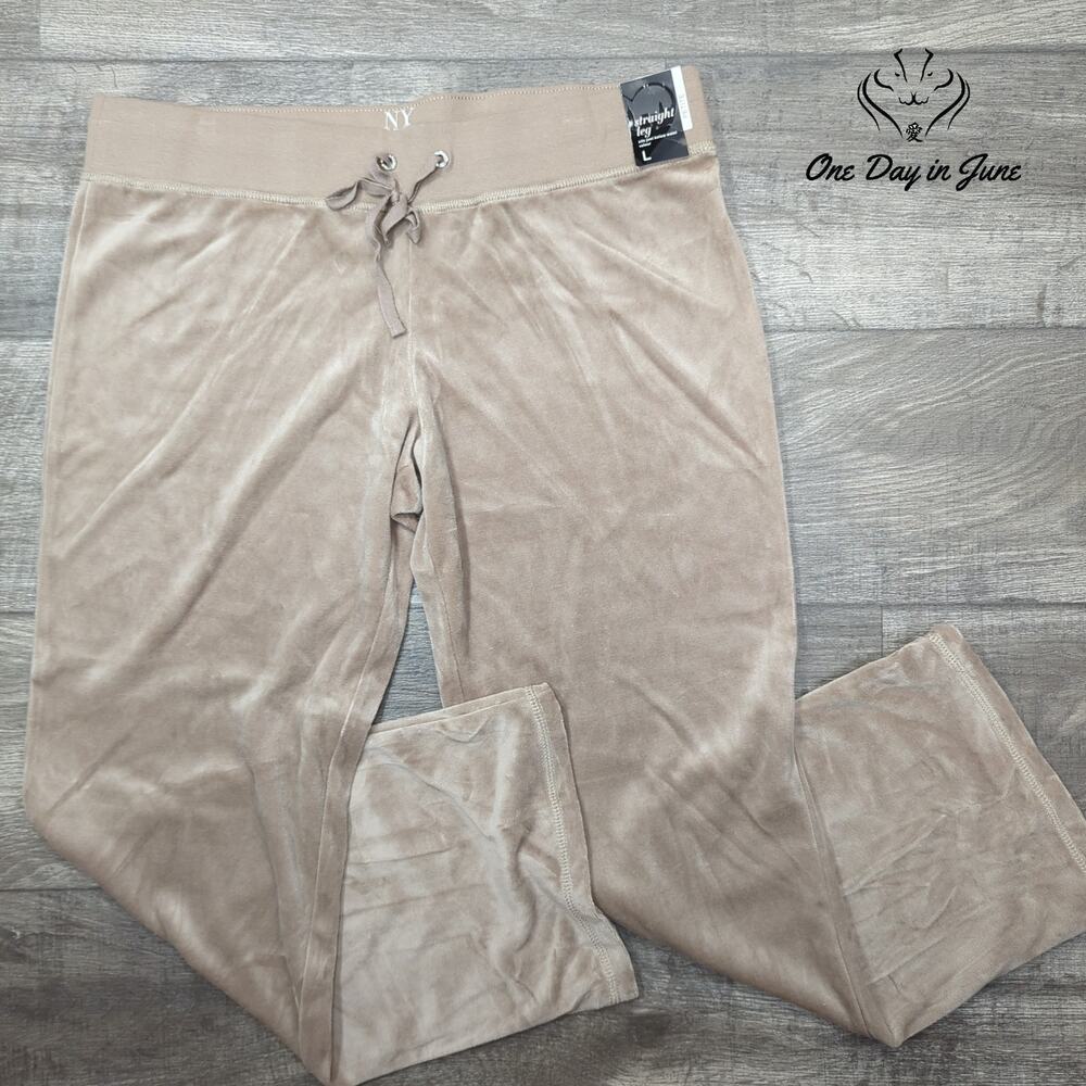 New York & Company Petite Velour Straight Leg Pants Beige Drawstring NWT Size L